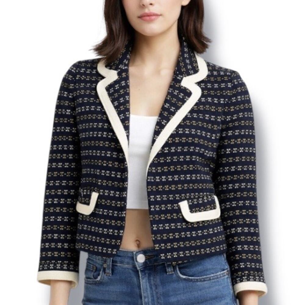 Juicy Couture Y2K Navy Tweed‎ Open Front Jacket Cream Trim Cropped Preppy XS 2